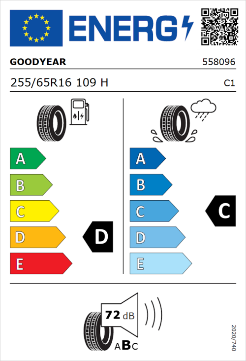 Tyre Label for Goodyear Wrangler HP All Weather 255/65R16 109H