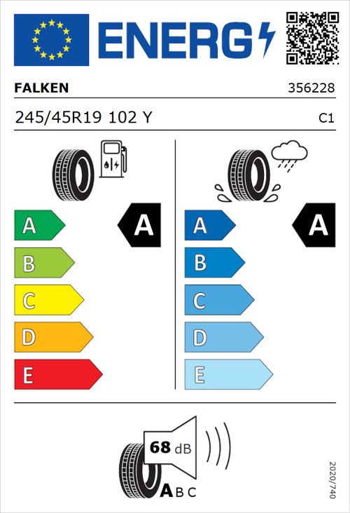 Tyre Label for Falken Azenis FK520 245/45R19 102Y