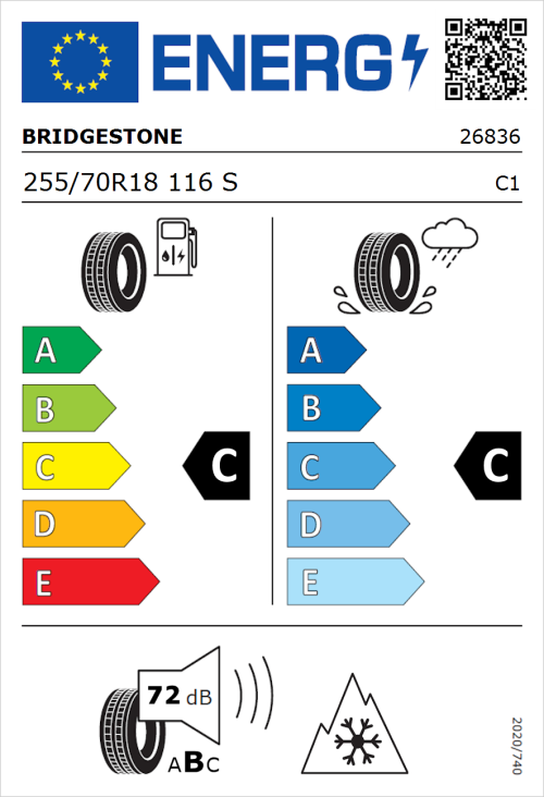 Tyre Label for Bridgestone Dueler A/T 002 255/70R18 116S
